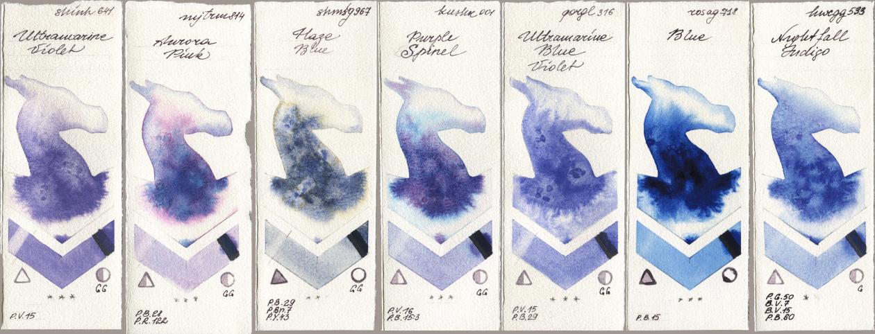 Shinhan PWC 641 Ultramarine Violet, Mijello Mission Gold 814 Aurora Pink, Shminke Horadam Aquarell 967 Haze Blue, Kusakabe 001 Purple Spinel, Golden QOR 316 Ultramarine Blue Violet, Rosa Gallery 718 Blue, Holbein Artists Watercolor 533 Nightfall Indi watercolor swatch