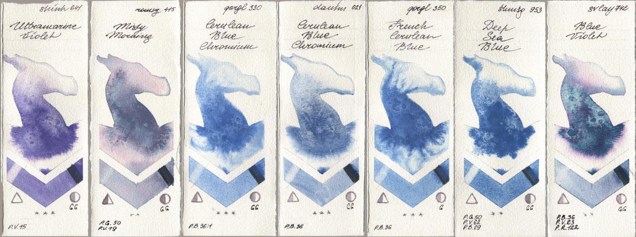 Shinhan PWC 641 Ultramarine Violet, Roman Szmal Aquarius 415 Misty Morning, Golden QOR 330 Cerulean Blue, Chromium, Daniel Smith 021 Cerulean Blue Chromium, 350 French Cerulean Blue, Shminke Horadam Aquarell 953 Deep Sea Blue, SuperVision 742 Blue Viol watercolor swatch
