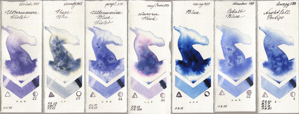 Shinhan PWC 641 Ultramarine Violet, Shminke Horadam Aquarell 967 Haze Blue, Golden QOR 316 Ultramarine Blue Violet, Mijello Mission Gold 814 Aurora Pink, Rosa Gallery 718 Blue, Daniel Smith 025 Cobalt Blue, Holbein Artists Watercolor 533 Nightfall Indi watercolor swatch