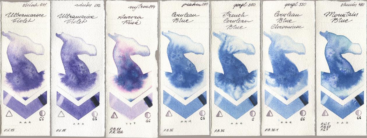 Shinhan PWC 641 Ultramarine Violet, Winsor & Newton Professional 672 Ultramarine Violet, Mijello Mission Gold 814 Aurora Pink, M. Graham & Co. Artists 080 Cerulean Blue, Golden QOR 350 French Cerulean Blue, 330 Cerulean Blue, Chromium, Shminke Horadam Aquarell 480 Mountain Bl watercolor swatch