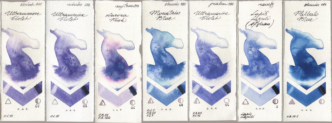 Shinhan PWC 641 Ultramarine Violet, Winsor & Newton Professional 672 Ultramarine Violet, Mijello Mission Gold 814 Aurora Pink, Shminke Horadam Aquarell 480 Mountain Blue, M. Graham & Co. Artists 193 Ultramarine Violet, Roman Szmal Aquarius 999 Lapis Lazuli Afghan, 484 Phthalo Bl watercolor swatch