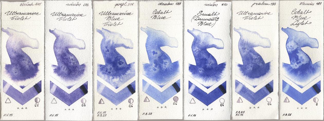 Shinhan PWC 641 Ultramarine Violet, Winsor & Newton Professional 672 Ultramarine Violet, Golden QOR 316 Ultramarine Blue Violet, Daniel Smith 025 Cobalt Blue, 710 Smalt (Dumonts Blue), M. Graham & Co. Artists 193 Ultramarine Violet, Shminke Horadam Aquarell 487 Cobalt Blue Lig watercolor swatch