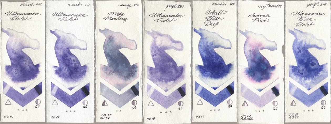 Shinhan PWC 641 Ultramarine Violet, Winsor & Newton Professional 672 Ultramarine Violet, Roman Szmal Aquarius 415 Misty Morning, Golden QOR 290 Ultramarine Violet, Shminke Horadam Aquarell 488 Cobalt Blue Deep, Mijello Mission Gold 814 Aurora Pink, 316 Ultramarine Blue Viol watercolor swatch
