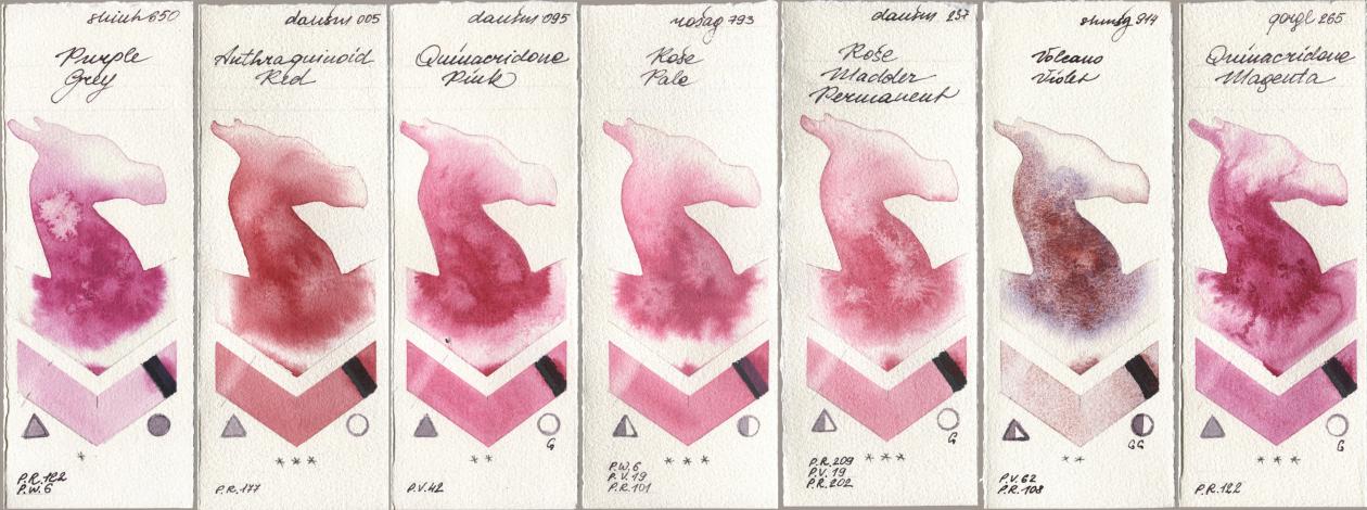 Shinhan PWC 650 Purple Grey, Daniel Smith 005 Anthraquinoid Red, 095 Quinacridone Pink, Rosa Gallery 793 Rose Pale, 237 Rose Madder Permanent, Shminke Horadam Aquarell 914 Volcano Violet, Golden QOR 265 Quinacridone Magen watercolor swatch