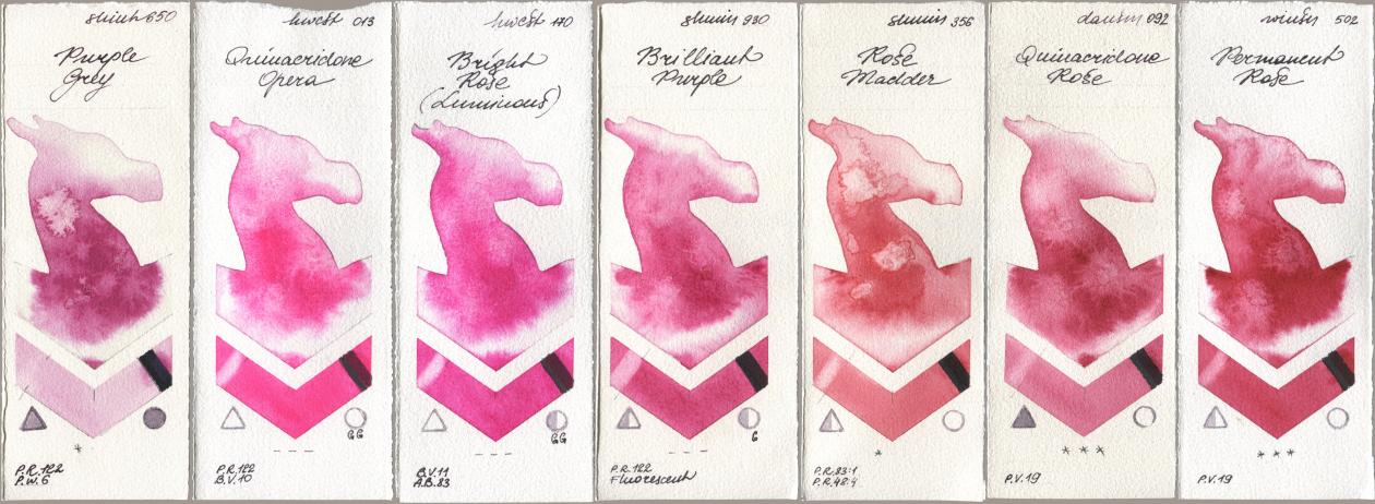 Shinhan PWC 650 Purple Grey, Holbein Artists Watercolor 013 Opera (Quinacridone Opera), 170 Bright Rose (Luminous), Shminke Horadam Aquarell 930 Brilliant Purple, 356 Rose Madder, Daniel Smith 092 Quinacridone Rose, Winsor & Newton Professional 502 Permanent Ro watercolor swatch