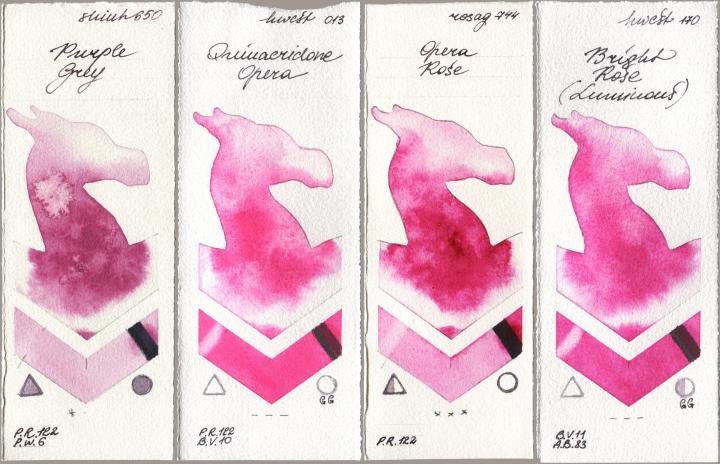 Shinhan PWC 650 Purple Grey, Holbein Artists Watercolor 013 Opera (Quinacridone Opera), Rosa Gallery 744 Opera Rose, 170 Bright Rose (Luminou watercolor swatch