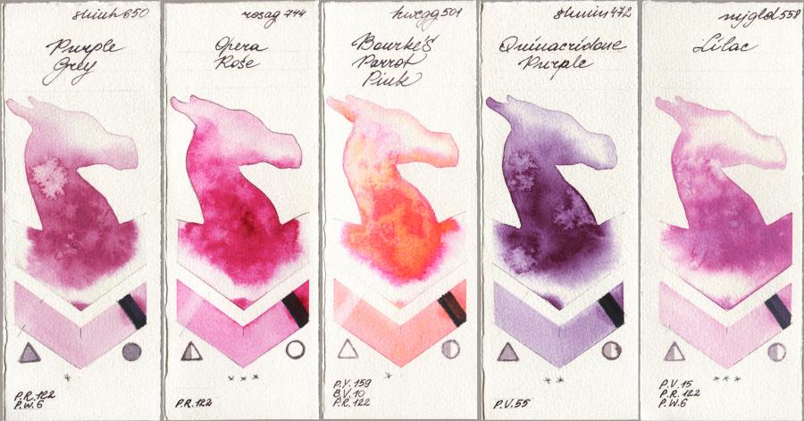 Shinhan PWC 650 Purple Grey vs Rosa Gallery 744 Opera Rose vs Holbein Artists Watercolor 501 Bourkes Parrot Pink vs Shminke Horadam Aquarell 472 Quinacridone Purple vs Mijello Mission Gold 558 Lilac watercolor swatch