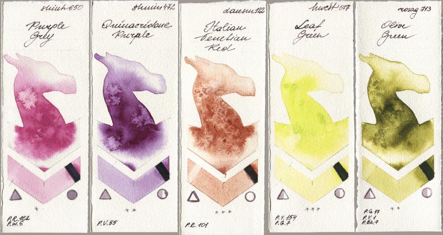 Shinhan PWC 650 Purple Grey vs Shminke Horadam Aquarell 472 Quinacridone Purple vs Daniel Smith 122 Italian Venetian Red vs Holbein Artists Watercolor 077 Leaf Green vs Rosa Gallery 713 Olive Green watercolor swatch