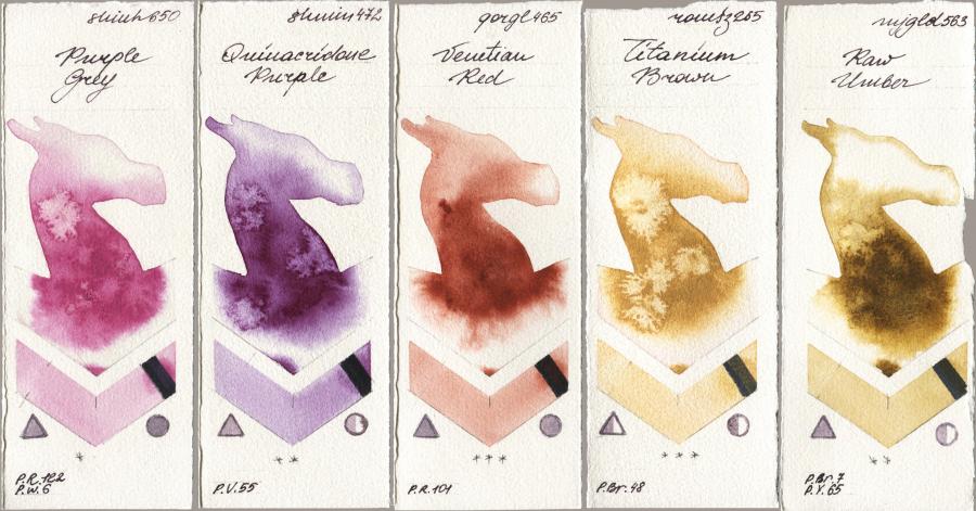 Shinhan PWC 650 Purple Grey vs Shminke Horadam Aquarell 472 Quinacridone Purple vs Golden QOR 465 Venetian Red vs Roman Szmal Aquarius 265 Titanium Brown vs Mijello Mission Gold 563 Raw Umber watercolor swatch