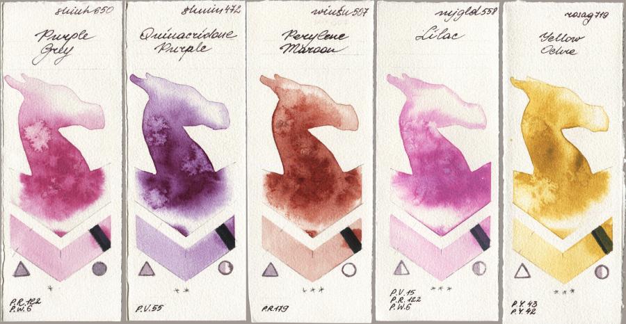 Shinhan PWC 650 Purple Grey vs Shminke Horadam Aquarell 472 Quinacridone Purple vs Winsor & Newton Professional 507 Perylene Maroon vs Mijello Mission Gold 558 Lilac vs Rosa Gallery 719 Yellow Ochre watercolor swatch