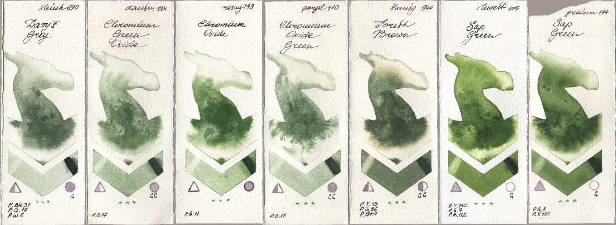 Shinhan PWC 690 Davys Grey, Daniel Smith 024 Chromium Green Oxide, Rosa Gallery 743 Chromium Oxide, Golden QOR 410 Chromium Oxide Green, Shminke Horadam Aquarell 944 Forest Brown, Holbein Artists Watercolor 075 Sap Green, M. Graham & Co. Artists 174 Sap Gre watercolor swatch