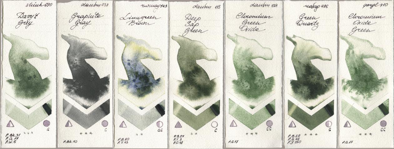 Shinhan PWC 690 Davys Grey, Daniel Smith 038 Graphite Gray, Rockwell 143 Limugreen Brown, 175 Deep Sap Green, 024 Chromium Green Oxide, Rosa Gallery 786 Green Quartz, Golden QOR 410 Chromium Oxide Gre watercolor swatch