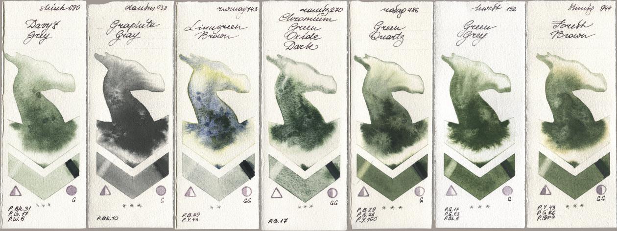 Shinhan PWC 690 Davys Grey, Daniel Smith 038 Graphite Gray, Rockwell 143 Limugreen Brown, Roman Szmal Aquarius 270 Chromium Green Oxide Dark, Rosa Gallery 786 Green Quartz, Holbein Artists Watercolor 152 Green Grey, Shminke Horadam Aquarell 944 Forest Bro watercolor swatch