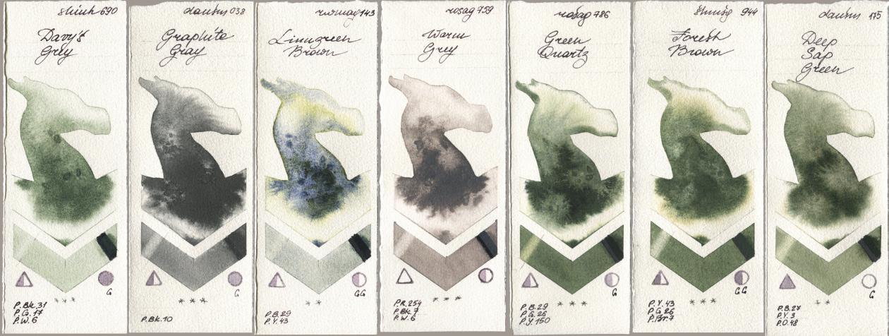 Shinhan PWC 690 Davys Grey, Daniel Smith 038 Graphite Gray, Rockwell 143 Limugreen Brown, Rosa Gallery 759 Warm Grey, 786 Green Quartz, Shminke Horadam Aquarell 944 Forest Brown, 175 Deep Sap Gre watercolor swatch