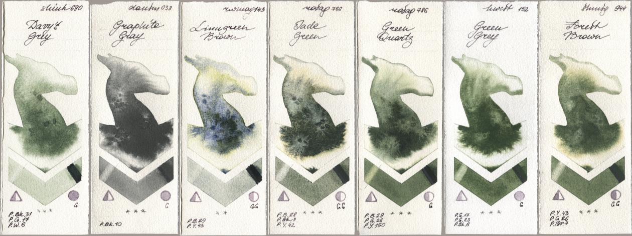 Shinhan PWC 690 Davys Grey, Daniel Smith 038 Graphite Gray, Rockwell 143 Limugreen Brown, Rosa Gallery 766 Jade Green, 786 Green Quartz, Holbein Artists Watercolor 152 Green Grey, Shminke Horadam Aquarell 944 Forest Bro watercolor swatch