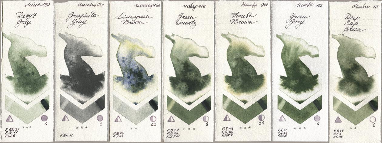 Shinhan PWC 690 Davys Grey, Daniel Smith 038 Graphite Gray, Rockwell 143 Limugreen Brown, Rosa Gallery 786 Green Quartz, Shminke Horadam Aquarell 944 Forest Brown, Holbein Artists Watercolor 152 Green Grey, 175 Deep Sap Gre watercolor swatch