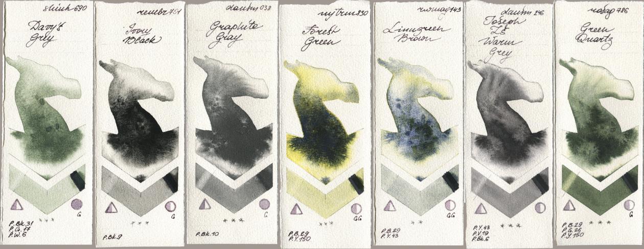 Shinhan PWC 690 Davys Grey, Royal Talens Rembrandt Watercolour 701 Ivory Black, Daniel Smith 038 Graphite Gray, Mijello Mission Gold 830 Forest Green, Rockwell 143 Limugreen Brown, 246 Joseph Zs Warm Grey, Rosa Gallery 786 Green Quar watercolor swatch