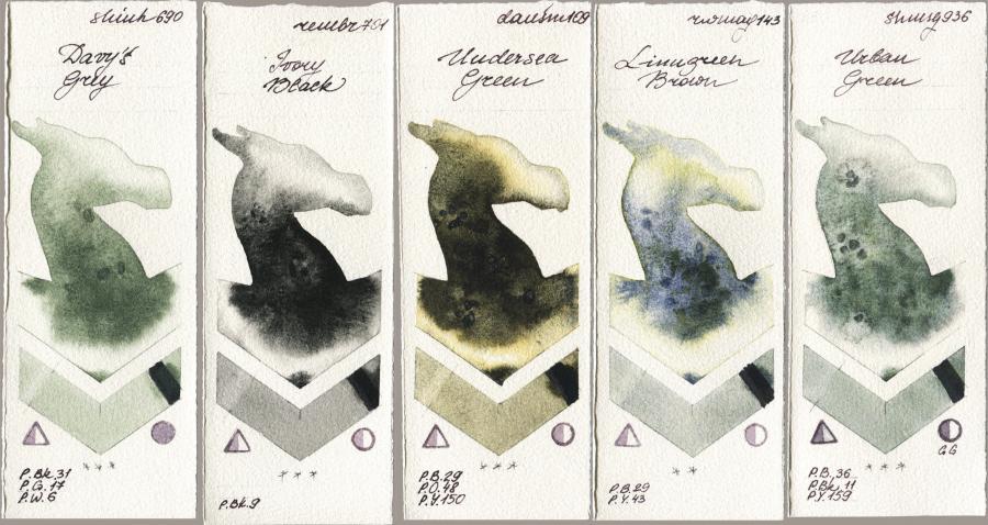 Shinhan PWC 690 Davys Grey vs Royal Talens Rembrandt Watercolour 701 Ivory Black vs Daniel Smith 109 Undersea Green vs Rockwell 143 Limugreen Brown vs Shminke Horadam Aquarell 936 Urban Green watercolor swatch