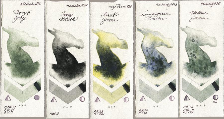 Shinhan PWC 690 Davys Grey vs Royal Talens Rembrandt Watercolour 701 Ivory Black vs Mijello Mission Gold 830 Forest Green vs Rockwell 143 Limugreen Brown vs Shminke Horadam Aquarell 936 Urban Green watercolor swatch