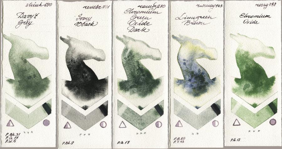 Shinhan PWC 690 Davys Grey vs Royal Talens Rembrandt Watercolour 701 Ivory Black vs Roman Szmal Aquarius 270 Chromium Green Oxide Dark vs Rockwell 143 Limugreen Brown vs Rosa Gallery 743 Chromium Oxide watercolor swatch