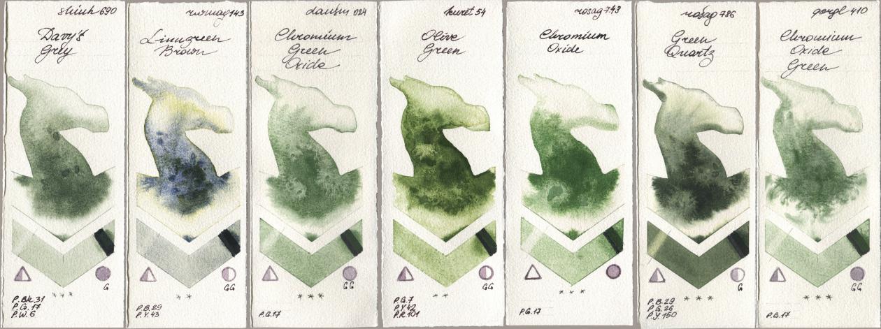 Shinhan PWC 690 Davys Grey, Rockwell 143 Limugreen Brown, Daniel Smith 024 Chromium Green Oxide, Kuretake Gansai Tambi 054 Olive Green, Rosa Gallery 743 Chromium Oxide, 786 Green Quartz, Golden QOR 410 Chromium Oxide Gre watercolor swatch