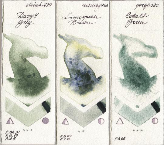 Shinhan PWC 690 Davys Grey vs Rockwell 143 Limugreen Brown vs Golden QOR 390 Cobalt Green watercolor swatch