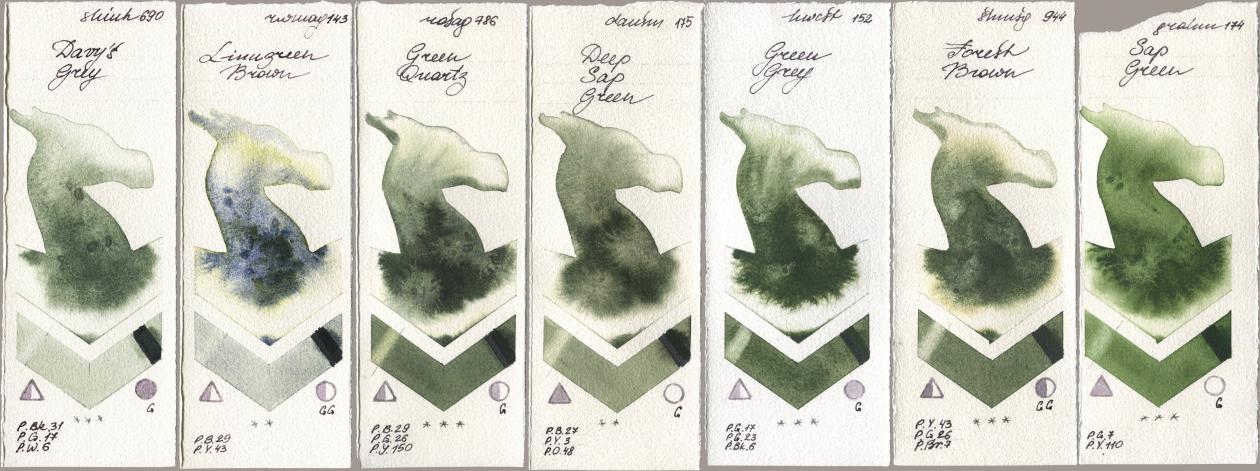 Shinhan PWC 690 Davys Grey, Rockwell 143 Limugreen Brown, Rosa Gallery 786 Green Quartz, Daniel Smith 175 Deep Sap Green, Holbein Artists Watercolor 152 Green Grey, Shminke Horadam Aquarell 944 Forest Brown, M. Graham & Co. Artists 174 Sap Gre watercolor swatch