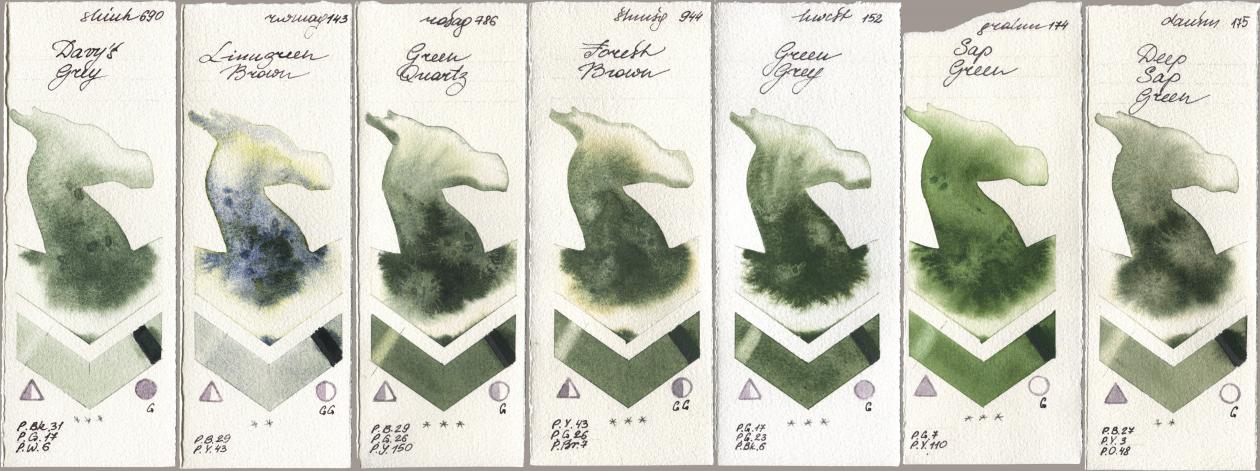 Shinhan PWC 690 Davys Grey, Rockwell 143 Limugreen Brown, Rosa Gallery 786 Green Quartz, Shminke Horadam Aquarell 944 Forest Brown, Holbein Artists Watercolor 152 Green Grey, M. Graham & Co. Artists 174 Sap Green, Daniel Smith 175 Deep Sap Gre watercolor swatch