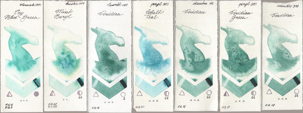 Shminke Akademie Aquarell 914 Icy Blue-Green, Kusakabe 007 Mint Beryl, Holbein Artists Watercolor 060 Viridian, Golden QOR 360 Cobalt Teal, Daniel Smith 112 Viridian, 380 Viridian Green, Maimeri Blu 348 Viridi watercolor swatch