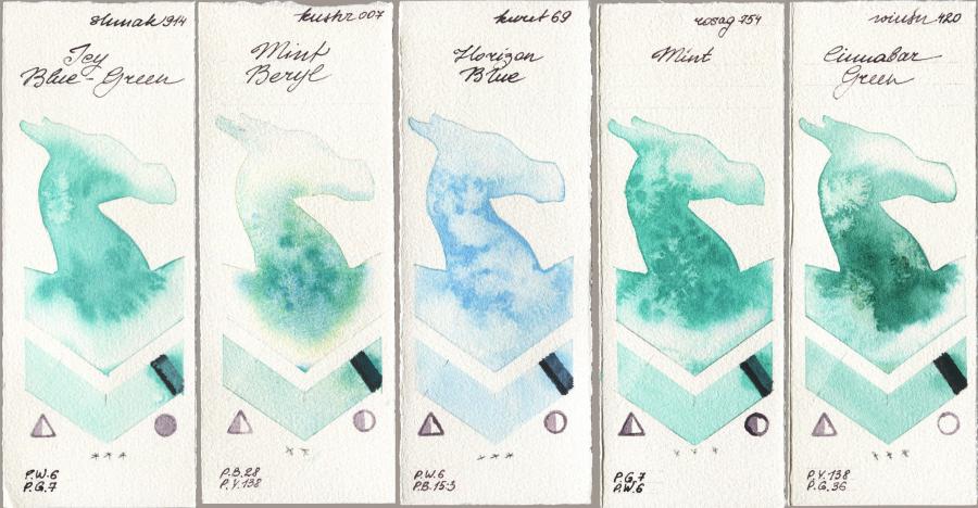 Shminke Akademie Aquarell 914 Icy Blue-Green vs Kusakabe 007 Mint Beryl vs Kuretake Gansai Tambi 069 Horizon Blue vs Rosa Gallery 754 Mint vs Winsor & Newton Professional 420 Cinnabar Green watercolor swatch