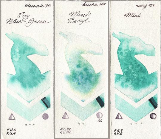 Shminke Akademie Aquarell 914 Icy Blue-Green, Kusakabe 007 Mint Beryl, Rosa Gallery 754 Mi watercolor swatch