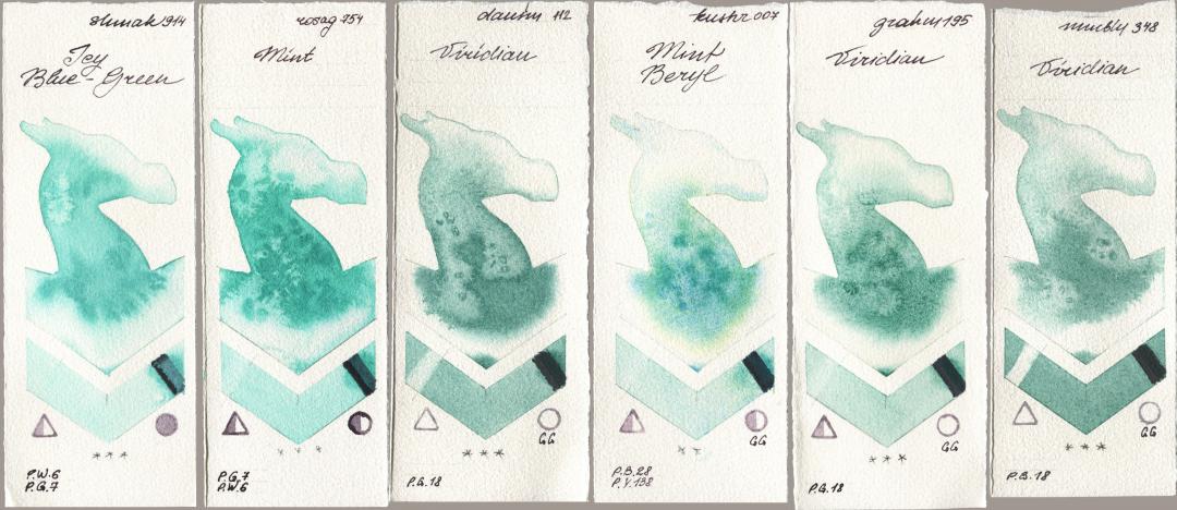 Shminke Akademie Aquarell 914 Icy Blue-Green, Rosa Gallery 754 Mint, Daniel Smith 112 Viridian, Kusakabe 007 Mint Beryl, M. Graham & Co. Artists 195 Viridian, Maimeri Blu 348 Viridi watercolor swatch