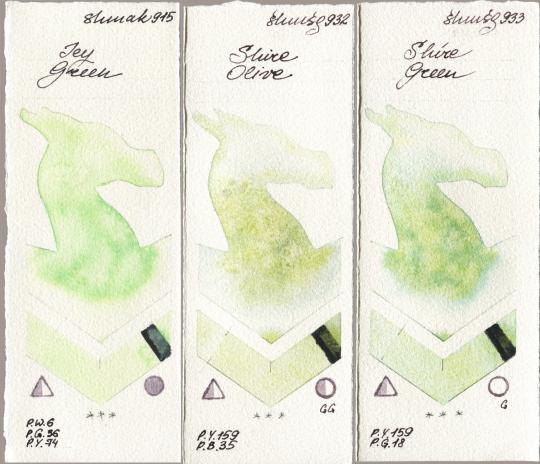 Shminke Akademie Aquarell 915 Icy Green, Shminke Horadam Aquarell 932 Shire Olive, 933 Shire Gre watercolor swatch