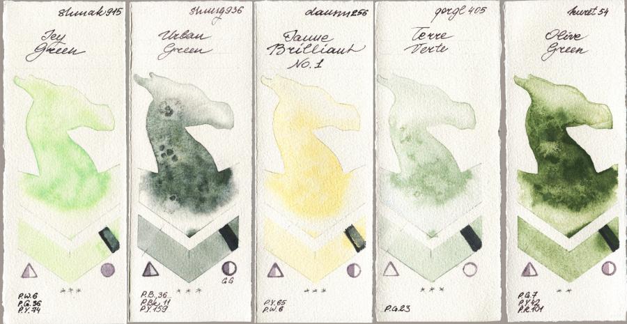 Shminke Akademie Aquarell 915 Icy Green vs Shminke Horadam Aquarell 936 Urban Green vs Daniel Smith 256 Jaune Brilliant No 1 vs Golden QOR 405 Terre Verte vs Kuretake Gansai Tambi 054 Olive Green watercolor swatch