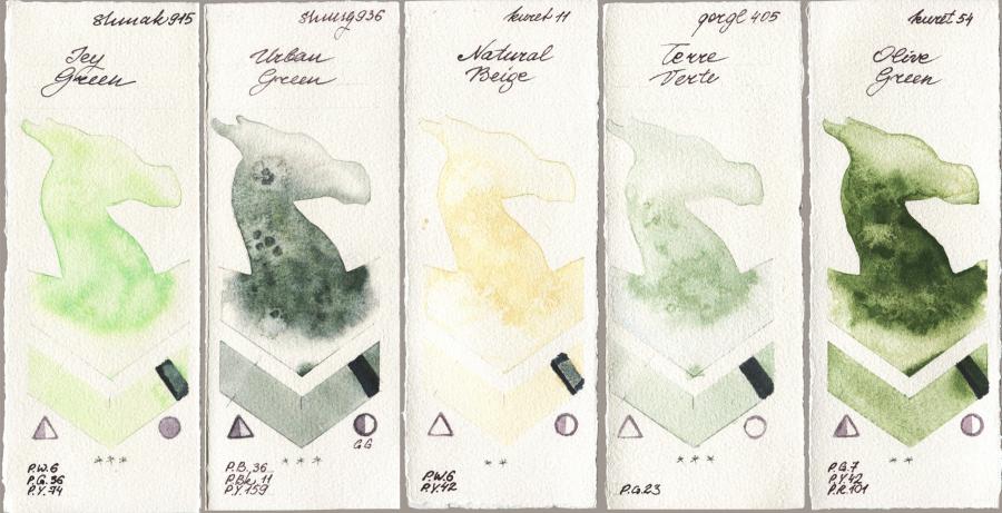 Shminke Akademie Aquarell 915 Icy Green vs Shminke Horadam Aquarell 936 Urban Green vs Kuretake Gansai Tambi 011 Natural Beige vs Golden QOR 405 Terre Verte vs 054 Olive Green watercolor swatch