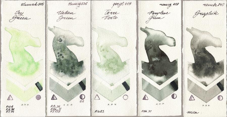 Shminke Akademie Aquarell 915 Icy Green vs Shminke Horadam Aquarell 936 Urban Green vs Golden QOR 405 Terre Verte vs Roman Szmal Aquarius 409 Perylene Green vs Royal Talens Rembrandt Watercolour 840 Graphite watercolor swatch