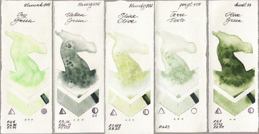 Shminke Akademie Aquarell 915 Icy Green vs Shminke Horadam Aquarell 936 Urban Green vs 932 Shire Olive vs Golden QOR 405 Terre Verte vs Kuretake Gansai Tambi 054 Olive Green watercolor swatch