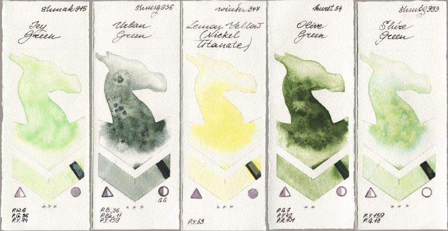 Shminke Akademie Aquarell 915 Icy Green vs Shminke Horadam Aquarell 936 Urban Green vs Winsor & Newton Professional 347 Lemon Yellow (Nickel Titanate) vs Kuretake Gansai Tambi 054 Olive Green vs 933 Shire Green watercolor swatch
