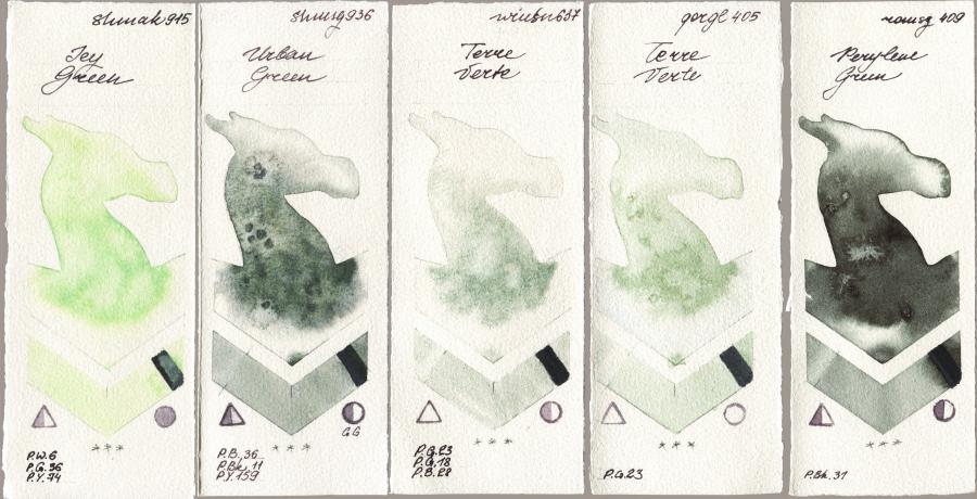 Shminke Akademie Aquarell 915 Icy Green vs Shminke Horadam Aquarell 936 Urban Green vs Winsor & Newton Professional 637 Terre Verte vs Golden QOR 405 Terre Verte vs Roman Szmal Aquarius 409 Perylene Green watercolor swatch