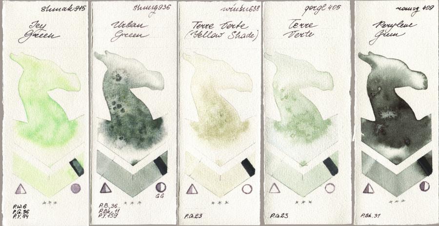 Shminke Akademie Aquarell 915 Icy Green vs Shminke Horadam Aquarell 936 Urban Green vs Winsor & Newton Professional 638 Terre Verte (Yellow Shade) vs Golden QOR 405 Terre Verte vs Roman Szmal Aquarius 409 Perylene Green watercolor swatch