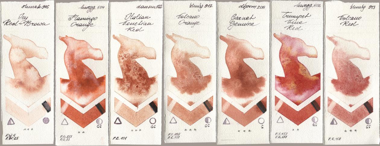 Shminke Akademie Aquarell 916 Icy Red-Brown, Holbein Artists Watercolor 504 Flamingo Orange, Daniel Smith 122 Italian Venetian Red, Shminke Horadam Aquarell 912 Volcano Orange, 205 Garnet Genuine, 502 Trumpet Vine Red, 913 Volcano R watercolor swatch