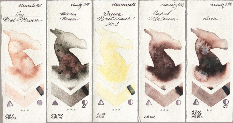 Shminke Akademie Aquarell 916 Icy Red-Brown vs Shminke Horadam Aquarell 915 Volcano Brown vs Daniel Smith 256 Jaune Brilliant No 1 vs Roman Szmal Aquarius 239 Caput Mortuum vs 384 Lava watercolor swatch