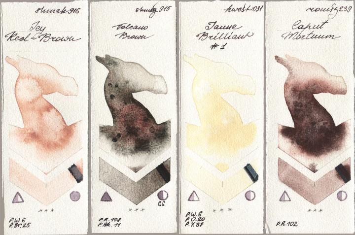 Shminke Akademie Aquarell 916 Icy Red-Brown vs Shminke Horadam Aquarell 915 Volcano Brown vs Holbein Artists Watercolor 031 Jaune Brilliant No 1 vs Roman Szmal Aquarius 239 Caput Mortuum watercolor swatch