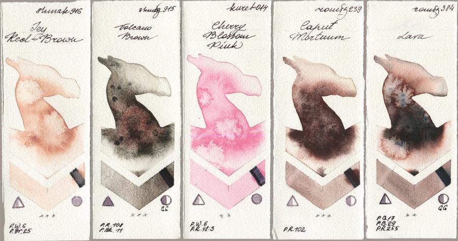 Shminke Akademie Aquarell 916 Icy Red-Brown vs Shminke Horadam Aquarell 915 Volcano Brown vs Kuretake Gansai Tambi 014 Cherry Blossom Pink vs Roman Szmal Aquarius 239 Caput Mortuum vs 384 Lava watercolor swatch