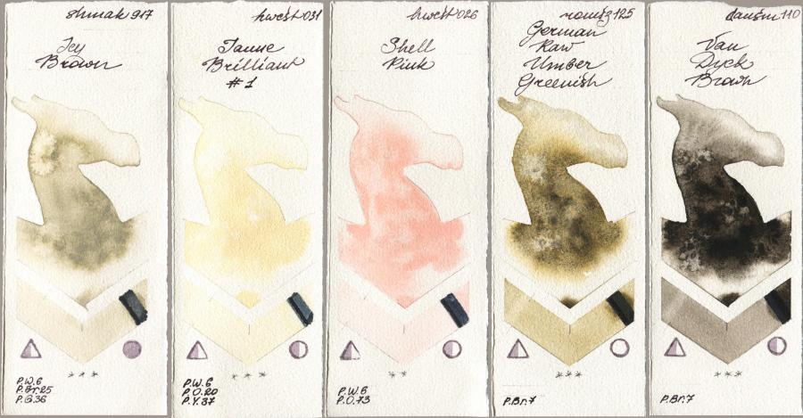 Shminke Akademie Aquarell 917 Icy Brown vs Holbein Artists Watercolor 031 Jaune Brilliant No 1 vs 026 Shell Pink vs Roman Szmal Aquarius 125 German Raw Umber Greenish vs Daniel Smith 110 Van Dyck Brown watercolor swatch