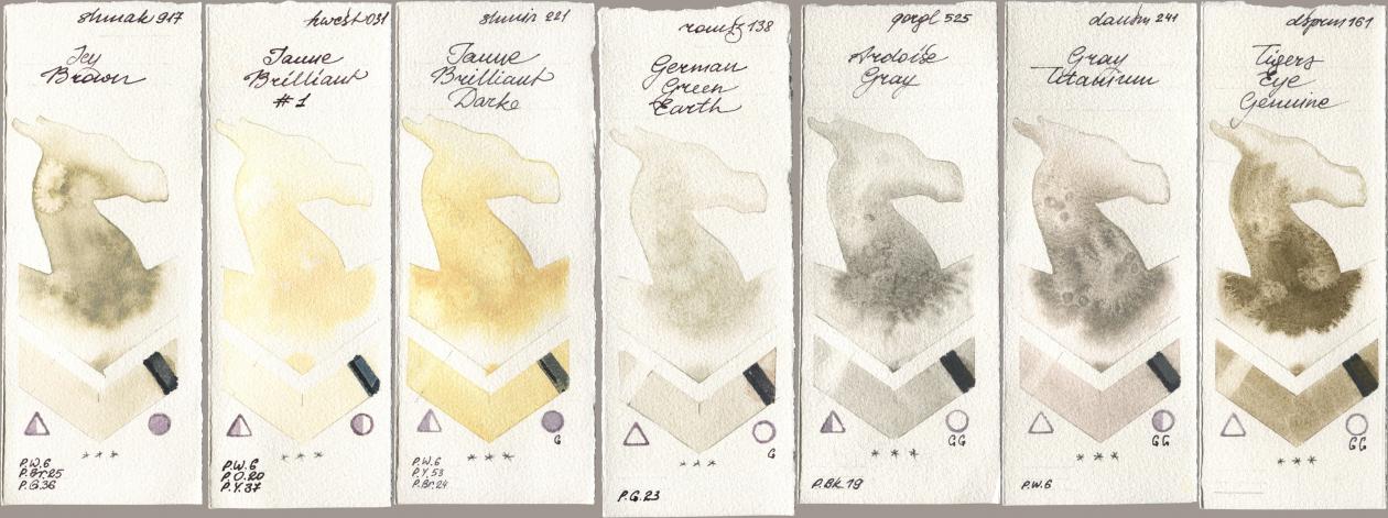 Shminke Akademie Aquarell 917 Icy Brown, Holbein Artists Watercolor 031 Jaune Brilliant No 1, Shminke Horadam Aquarell 221 Brilliant Yellow Dark (Jaune Brilliant Dark), Roman Szmal Aquarius 138 German Green Earth, Golden QOR 525 Ardoise Gray, Daniel Smith 241 Gray Titanium, 161 Tigers Eye Genui watercolor swatch