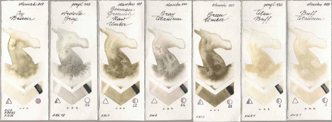 Shminke Akademie Aquarell 917 Icy Brown, Golden QOR 525 Ardoise Gray, Daniel Smith 121 German Greenish Raw Umber, 241 Gray Titanium, Shminke Horadam Aquarell 665 Green Umber, 430 Titan Buff, 009 Buff Titani watercolor swatch