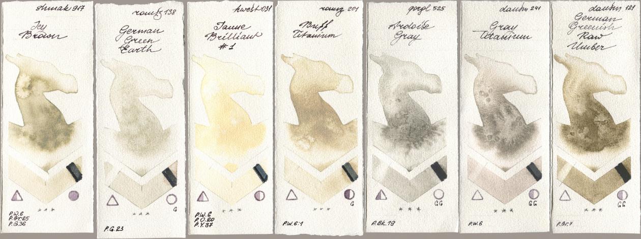 Shminke Akademie Aquarell 917 Icy Brown, Roman Szmal Aquarius 138 German Green Earth, Holbein Artists Watercolor 031 Jaune Brilliant No 1, 201 Buff Titanium, Golden QOR 525 Ardoise Gray, Daniel Smith 241 Gray Titanium, 121 German Greenish Raw Umb watercolor swatch