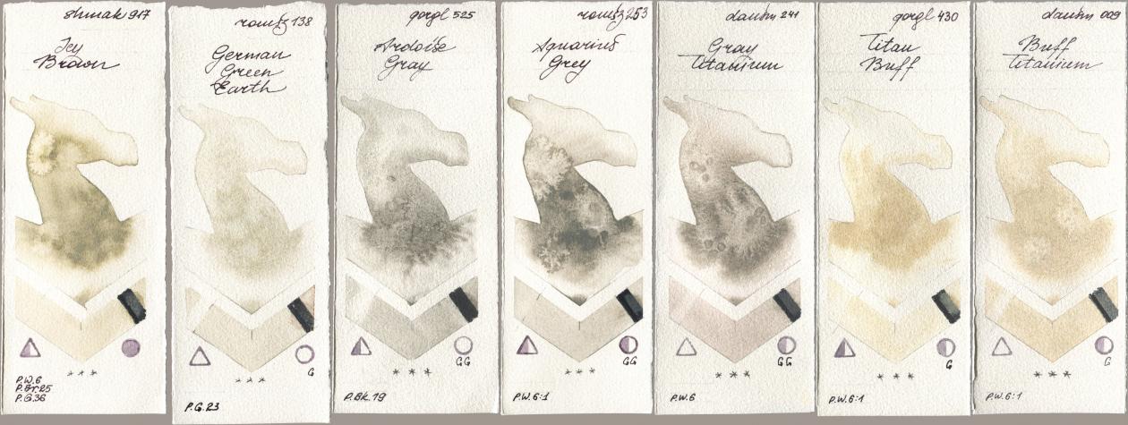 Shminke Akademie Aquarell 917 Icy Brown, Roman Szmal Aquarius 138 German Green Earth, Golden QOR 525 Ardoise Gray, 253 Aquarius Grey, Daniel Smith 241 Gray Titanium, 430 Titan Buff, 009 Buff Titani watercolor swatch