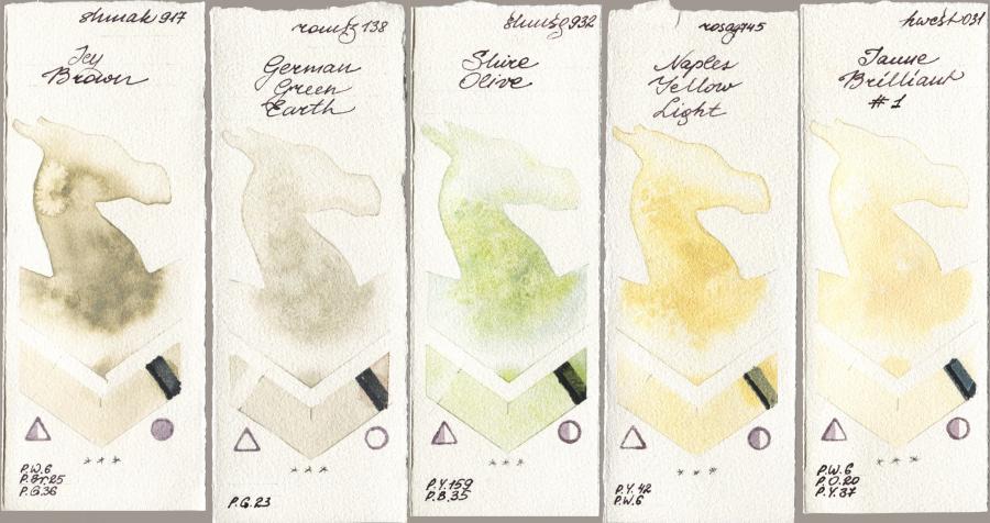 Shminke Akademie Aquarell 917 Icy Brown vs Roman Szmal Aquarius 138 German Green Earth vs Shminke Horadam Aquarell 932 Shire Olive vs Rosa Gallery 745 Naples Yellow Light vs Holbein Artists Watercolor 031 Jaune Brilliant No 1 watercolor swatch